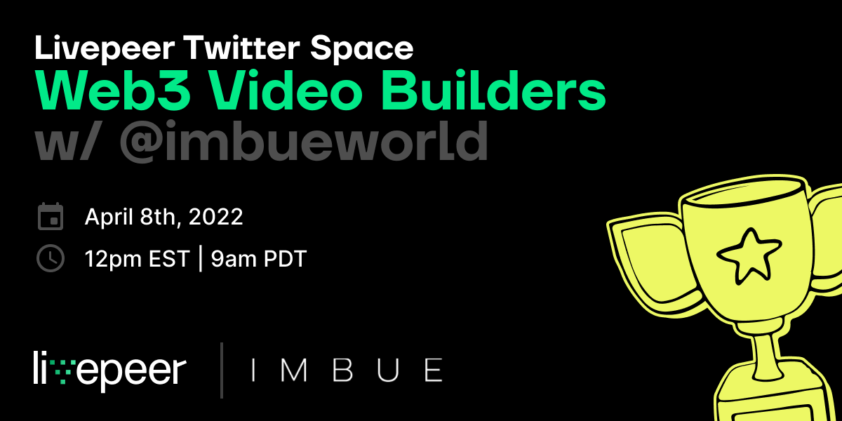 Livepeer's tweet photo. Join us on today for the Web3 Video Twitter Spaces, where web3 builders share 💎s about their journey building Decentralized Apps with Livepeer!

This week we have @carrabre sharing about @imbueworld.

https://t.co/F4FFNr2UAT

#web3video #web3livestream https://t.co/7am2BHxBqG