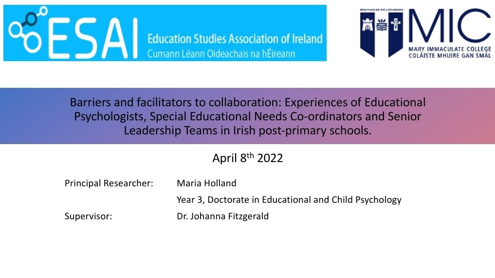 M_NiUallachain's tweet photo. Loved presenting my doctoral research on collaboration between post-primary schools and ed psychs at @esai_irl conference. Excellent, innovative practice is happening in schools - formalising the SENCO role is crucial for meaningful collab @JohFitzMIC @MICLimerick #esai22 https://t.co/qNzsFq7mh1