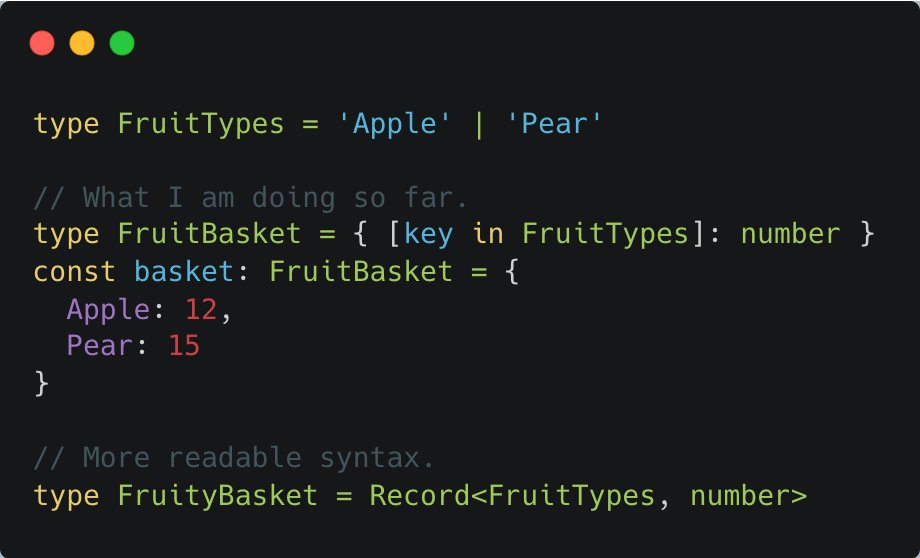 HoverBaum's tweet photo. TIL: TypeScript has native support for Records, no need for a workaround 🤯
#devbaum #TypeScript
https://t.co/ZrobIeoC2n