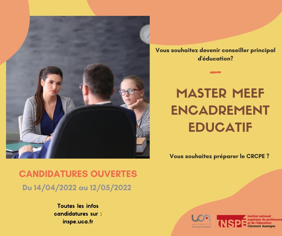InspeAuvergne's tweet photo. 👩🏫Devenez enseignant du secondaire avec le Master MEEF 2nd degré ou bien conseiller principal d'éducation avec le Master MEEF Encadrement éducatif !
👀Ouvrez l'oeil, les candidatures ouvrent dans 6 petits jours !
@UCAuvergne
#MEEF #CAPES #CRCPE https://t.co/gQHDrkSgMT