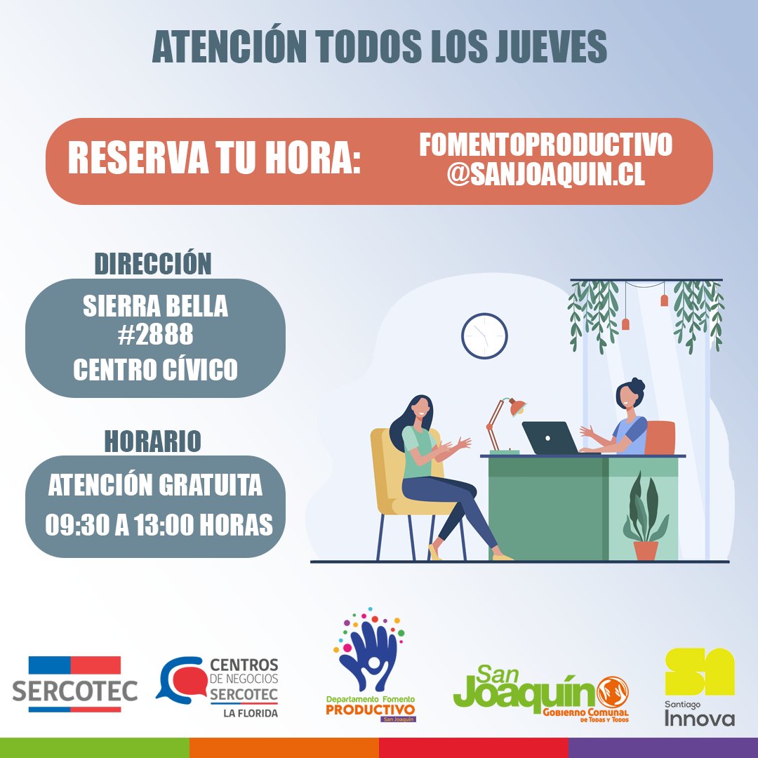 Atención 
¡Si tienes un emprendimiento o una pequeña empresa esta información es para ti! 
SERCOTEC la Florida atenderá de manera presencial para apoyarte en tus negocios.