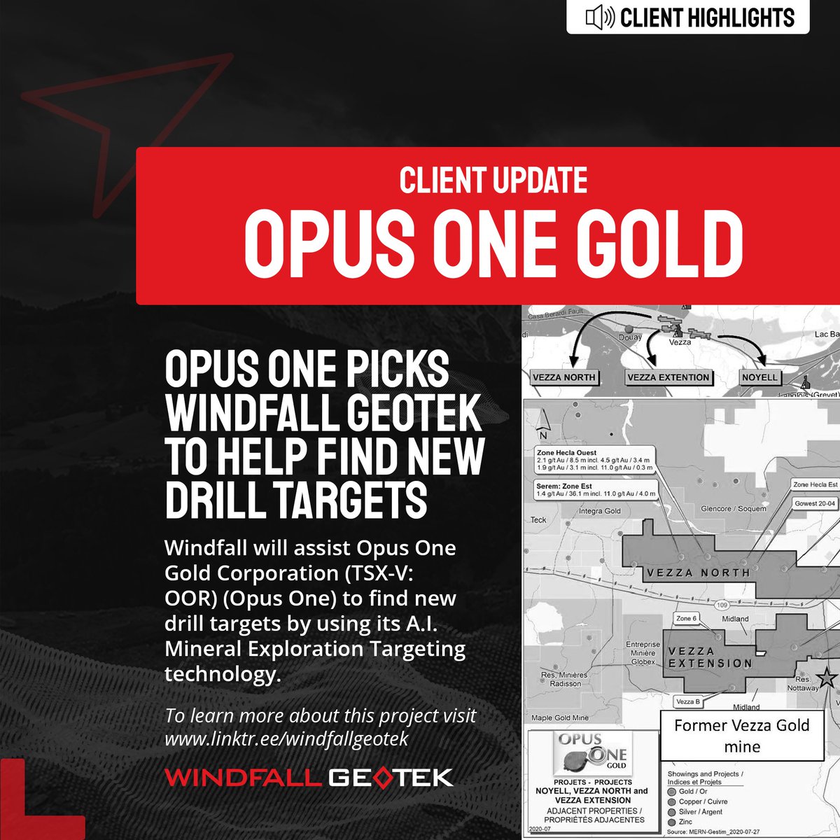 WGeotek's tweet photo. We will assist @opusonegold to find new drill targets by using its AI Mineral Exploration Targeting technology that identifies sites showing the same signatures as known mines and deposits. 

Learn more about this new partnership at https://t.co/rWTCmfrfmN
#windfallgeotek #mining https://t.co/tn78RiZQIb