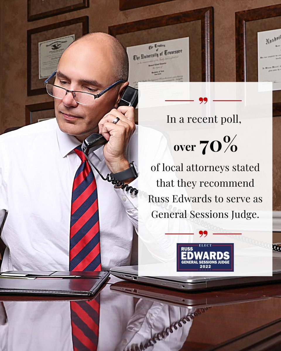 RussEdwards2022's tweet photo. Russ has been a strong voice for justice in our community and someone we can trust to uphold the law. As an attorney, President of the Bar Association, and sitting as a Special Judge, Russ has shown his dedication time after time! #electrussedwards #sumnercountytn https://t.co/e0NxNeYYcj