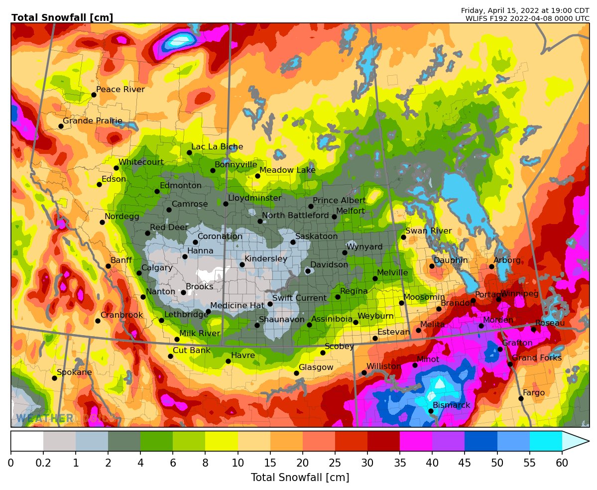 Every model I can get my paws on has a major snow event next week for southern MB. Some are worse than others, but when the model mean is over 30 cm a week away, it's not a good sign. The <a href="/weatherlogics/">Weatherlogics 🇨🇦</a> model below is basically the average model scenario as of now: #mbstorm