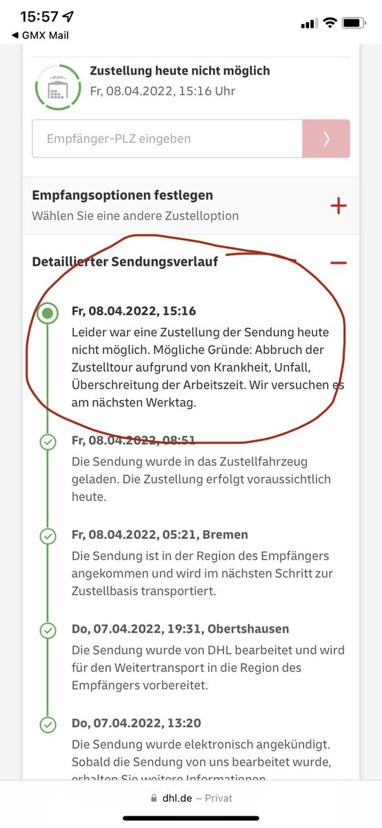 Es ist jetzt das 4-5 mal in Folge… Morgens die Mail „ihr Paket kommt heute“, ab mittags funktioniert das Live Tracking nicht mehr und nachmittags „ Paket kann heute nicht mehr zugestellt werden“. Aber der <a href="/DHLPaket/">DHL Paket</a> -Wagen fährt bei mir am Haus vorbei. Ätzend!!! #DHL