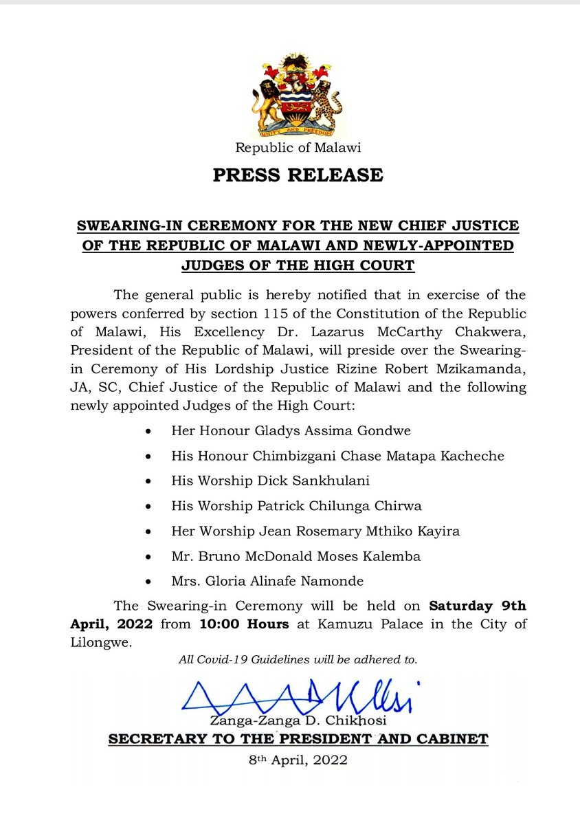 MalawiGovt's tweet photo. President Dr Lazarus Chakwera will, on Saturday, preside over the swearing in of the new Chief Justice and the newly appointed judges of the high court at Kamuzu Palace in Lilongwe. https://t.co/W2oPACkJOp