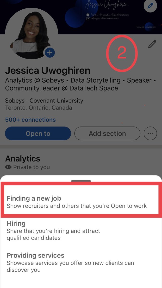 jessica_xls's tweet photo. LinkedIn Tips Pt. 1

If you’re looking to change jobs while at your current company and want recruiters to reach out to you on LinkedIn for available roles, use the “Open to” feature. It has worked for me &amp; others. 

FOLLOW the steps in the screenshots &amp; you’re good to go! https://t.co/AvJXQabcD4