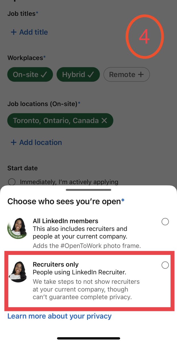 jessica_xls's tweet photo. LinkedIn Tips Pt. 1

If you’re looking to change jobs while at your current company and want recruiters to reach out to you on LinkedIn for available roles, use the “Open to” feature. It has worked for me &amp; others. 

FOLLOW the steps in the screenshots &amp; you’re good to go! https://t.co/AvJXQabcD4
