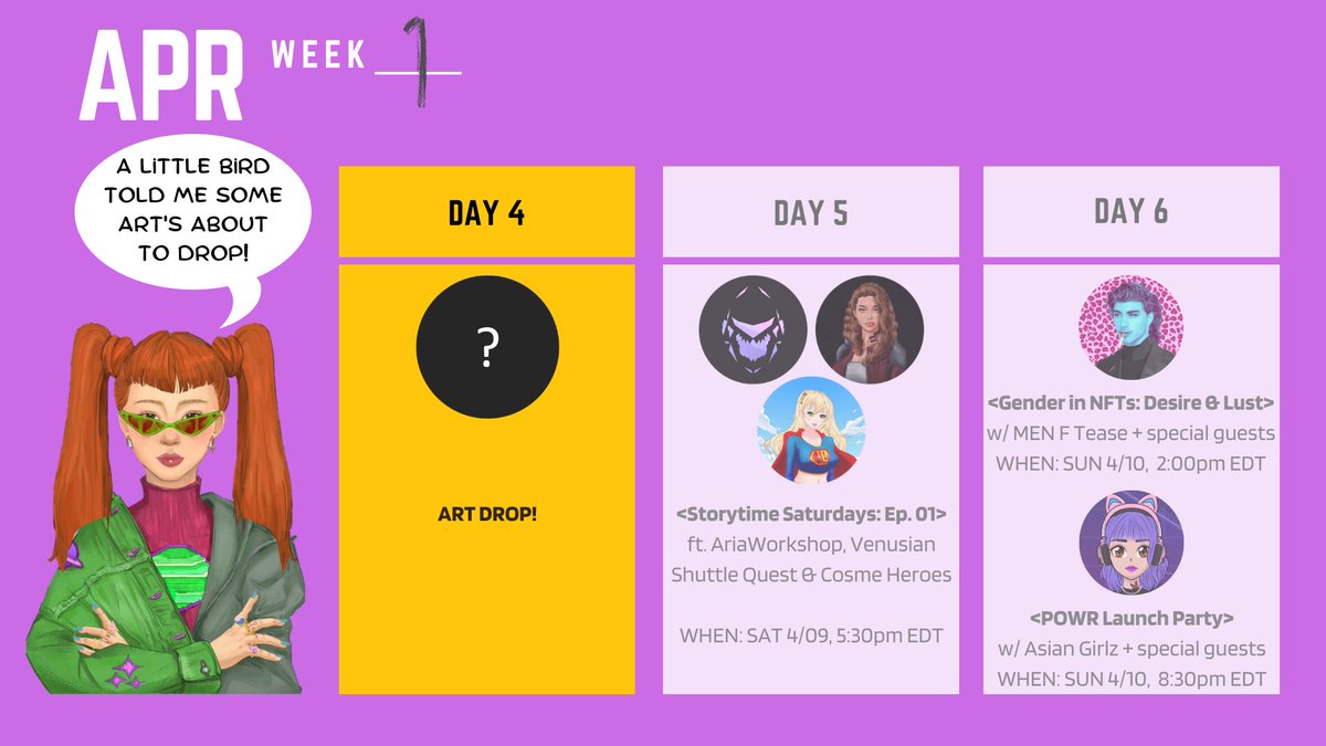 First it's 📣NEW ART📣 dropping soon, just wait &amp;👀see 

Then, we got Storytime Saturdays coming up with our good friends @ariaworkshop, <a href="/venusiansquest/">Venusian Shuttle Quest</a> &amp; @CosmeHeroes 🤩

And talking desire on Sunday w/ @MenfTease 🥰 &amp; POWR Launch Party w/ <a href="/asiangirlznft/">Asian Girlz 🧧</a> 😘

Full weekend ahead💪🏼