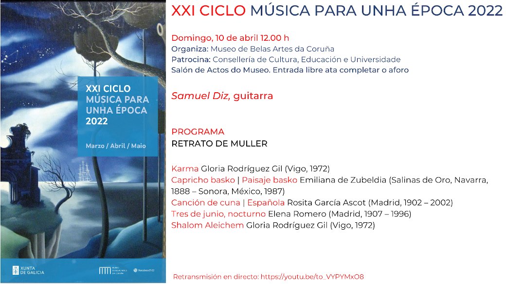 #ActividadesdePrimavera🎻Este domingo terá lugar o segundo concerto do XXI Ciclo de #Músicaparaunhaépoca, con @SamuelDiz. 
Entrada libre ata completar aforo e retransmisión en directo: youtu.be/to_VYPYMxO8. 
Tras o concerto realizarase unha visita na sala 4 do museo.