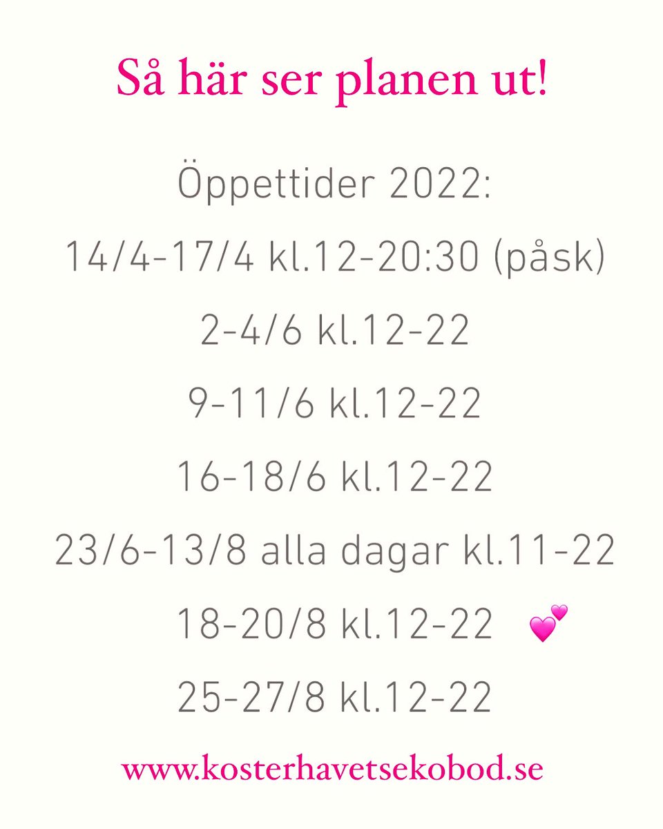 Så här ser planen ut för 2022! 💛 Vi kommer också ha öppet i samband med Koster Trail den 7:e maj men tiderna är inte spikade där än. Vi ses! 🙌😊
#kosterhavet #kosterhavetsekobod 
#restaurang