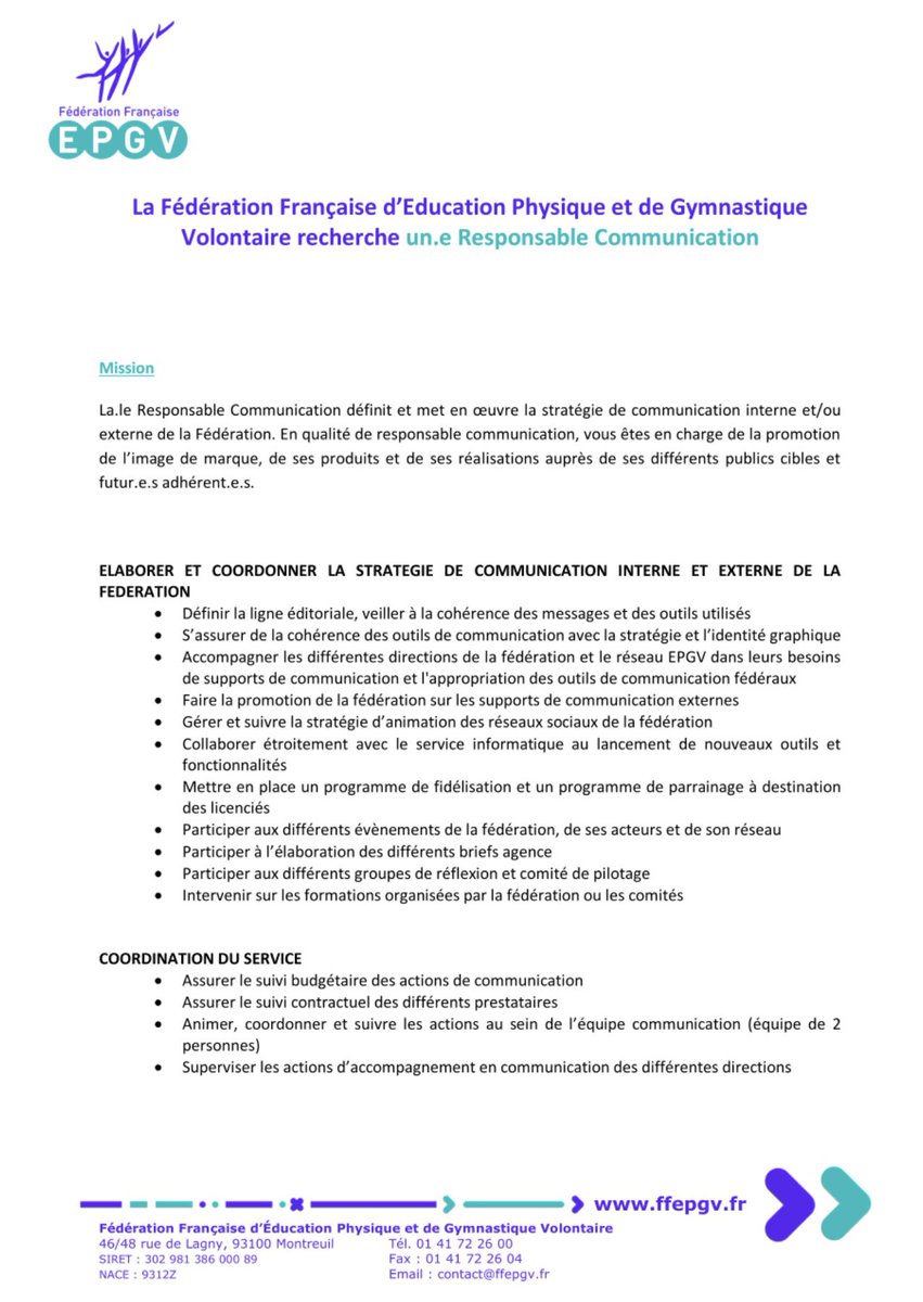 CharlotVincent's tweet photo. La Fédération Française d’Education Physique et de Gymnastique Volontaire @SportSante recherche un(e) responsable communication. #Recrutement #sport #communication https://t.co/Wx1lYMEmpe