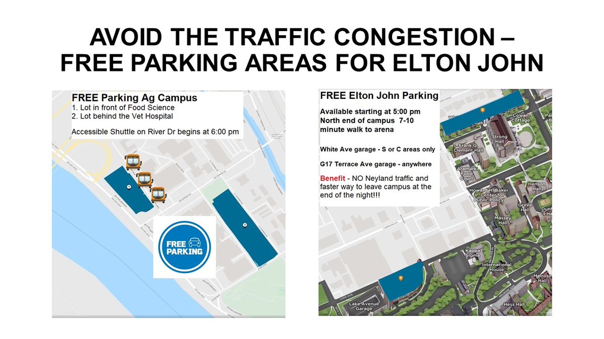 FREE Elton John parking
Ag Campus with shuttle, G17 Terrace Ave garage, White Ave garage
Walk to the arena AND get off campus afterwards a LOT faster
parking.utk.edu/concerts-speci…