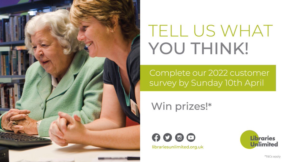 Quick! SUNDAY is the last day to complete our libraries customer survey 👀

Your answers help us continue to improve services - and if you complete the survey, you can be entered into our prize draw to win a shopping voucher!

Your opinions matter ❤️   bit.ly/3Gwt8aw