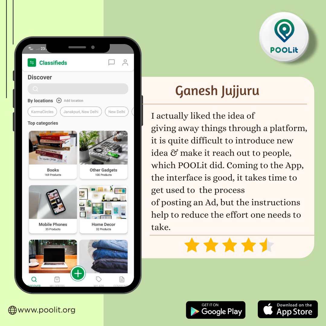 POOLitApp's tweet photo. Ganesh Jujjuru found POOLit very useful &amp; the idea of giving items through the platform. We really appreciate our users adapting the sustainable lifestyle &amp; being part of our trustworthy community.
#poolitclassifieds #testimonials #review #classifiedads #FridayMotivation https://t.co/brleCVBHHy