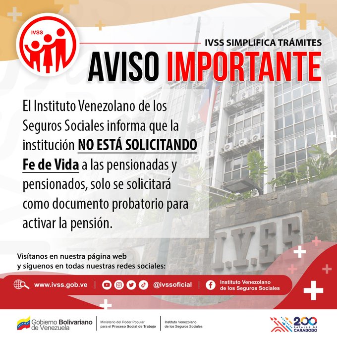 ivssoficial's tweet photo. #Entérate Informa que la institución NO está solicitando FE de VIDA a las pensionadas y pensionados. SOLO SE SOLICITARÁ como documento probatorio para activar la pensión.

#PorUnSeguroMásSocial
@MagaGutierrezV
@NicolasMaduro https://t.co/0eTER9EzEA