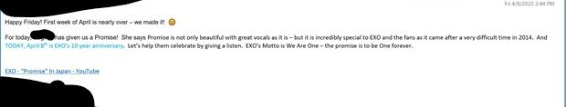 ExomakeM's tweet image. ❤️ I sent in EXO Promise as song suggestion at my company &amp;amp; today email went out to all talking about the anniversary and EXOs motto 🤧🤧 @Xingmi_Eri @OtaKittyKpop @chennie_10