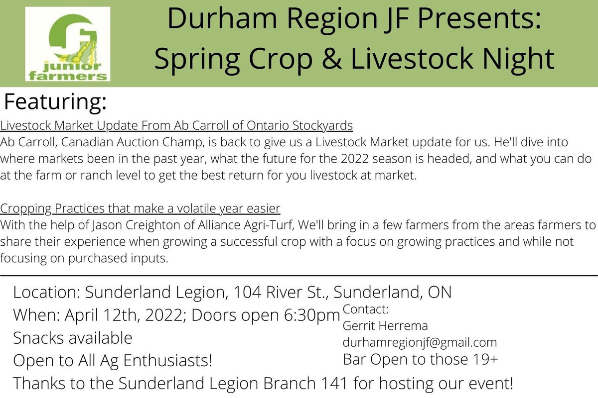 We’re getting close! 
Mark your calendars and come on out on April 12 for a night of fun and tons of info! 
#AgTwitter <a href="/typical_farmer/">Gerrit Herrema</a> #social #agriculture #Farming #planting #livestock #durhamregion