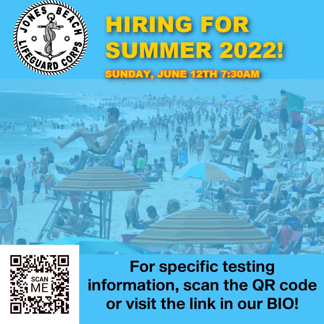 BucketBuoy's tweet photo. Do you have what it takes to be a Jones Beach Lifeguard?🏊🏻‍♂️☀️🌊 We are excited to announce the 2022 New Hire Exam on Sunday, June 12th. For DETAILED information regarding this exam, click the link in our bio⬆️ or scan the QR code! #JBLC #iwannabeajonesbeachlifeguard🌊☀️ https://t.co/yUjUfXB9PF