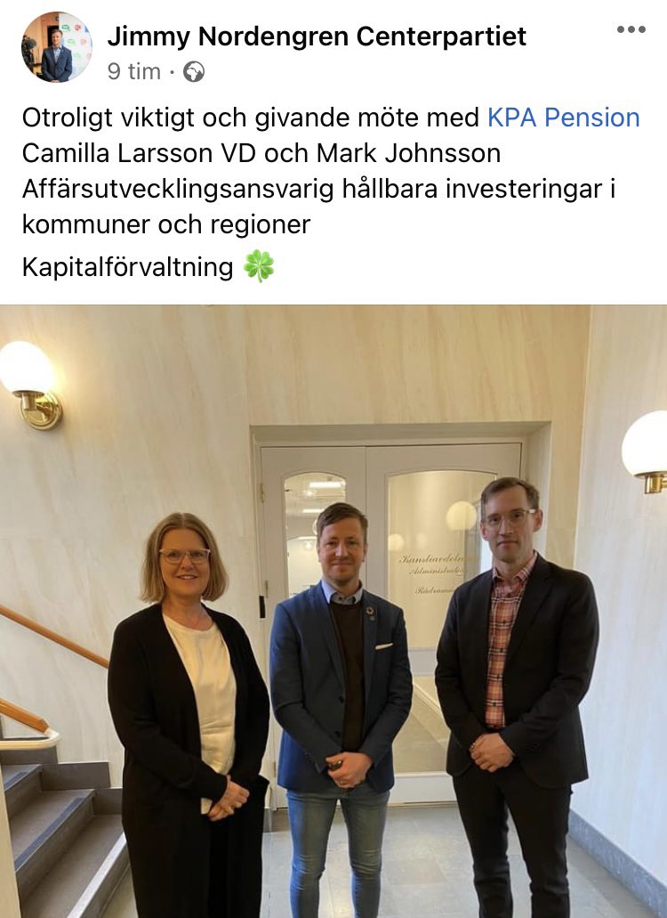 Hållbara investeringar ligger både oss och Sveriges kommuner och regioner varmt om hjärtat. Igår träffade vd <a href="/Camilla_KPA/">Camilla Larsson</a> Örebro Kommuns <a href="/JimmyNordengren/">Jimmy Nordengren (C)</a> för att se hur vägen mot en bättre framtid kan se ut! #kpapension