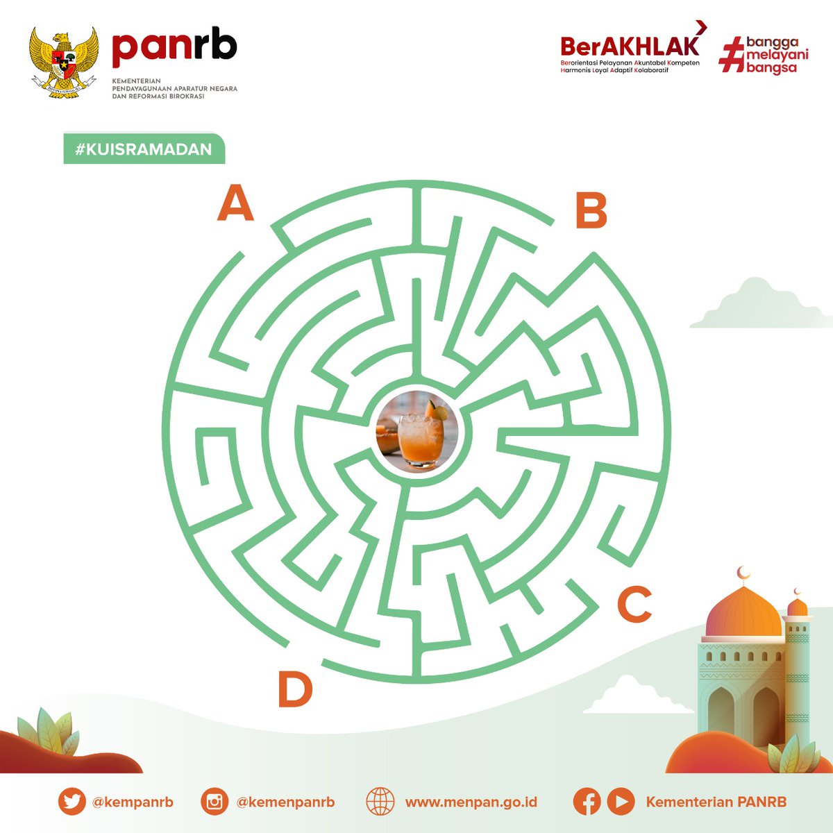 kempanrb's tweet photo. Buka puasa dengan secangkir es memang paling seger, apalagi setelah lelah bekerja seharian. Sambil menunggu waktu berbuka, yuk temukan jalan menuju es blewah. Apakah jalan A, B, C, atau D?

Reply jawabanmu di kolom komentar ya!
__
#KemenPANRB
#Ramadan1443H
#FunRamadan https://t.co/mrOkvVrNE2