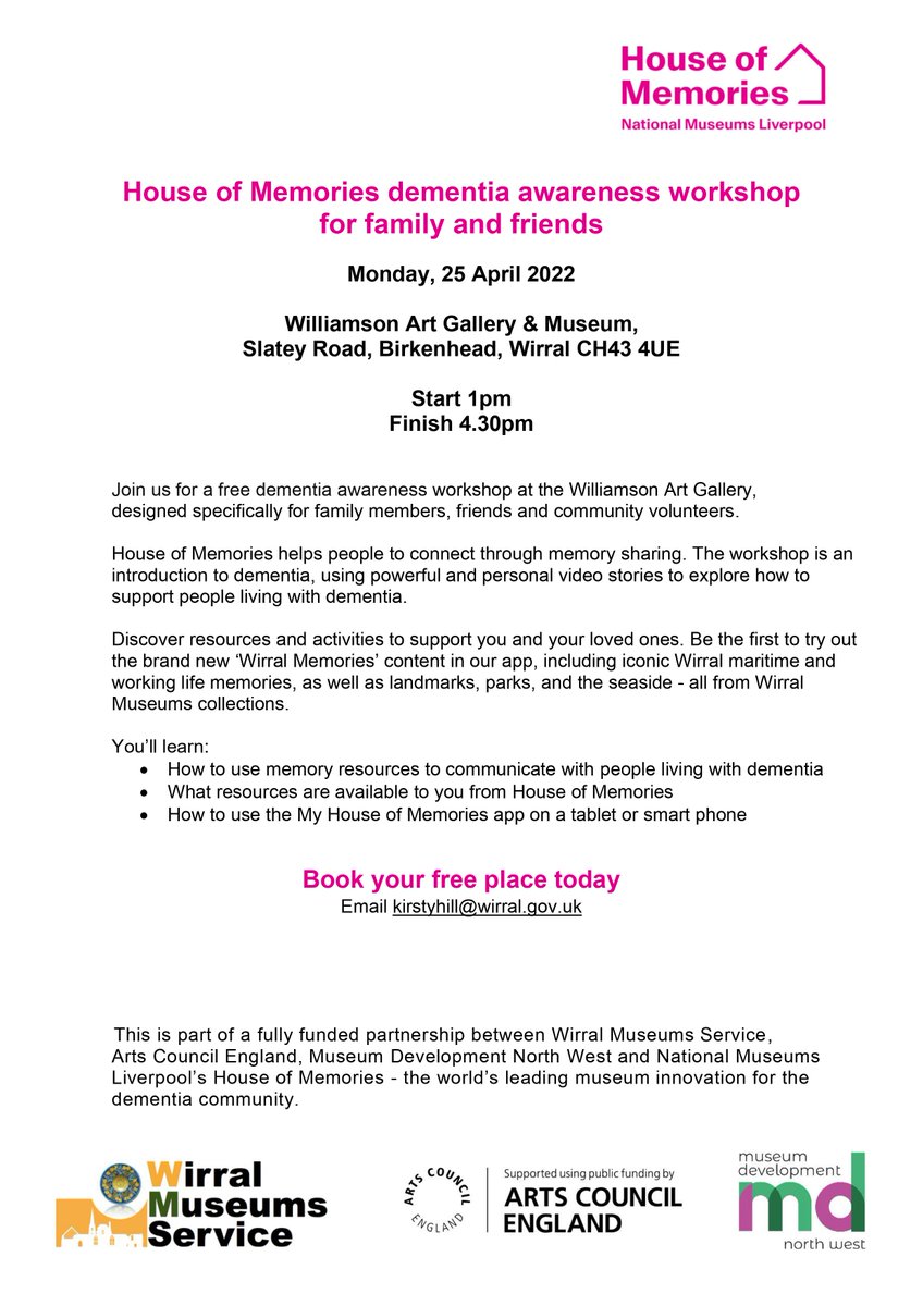 We're bringing our House of Memories dementia workshops to the Wirral! Designed to support the friends and families of those living with dementia, this is a fantastic FREE opportunity on 25 April. Email kirstyhill@wirral.gov.uk to book your place. #Dementia