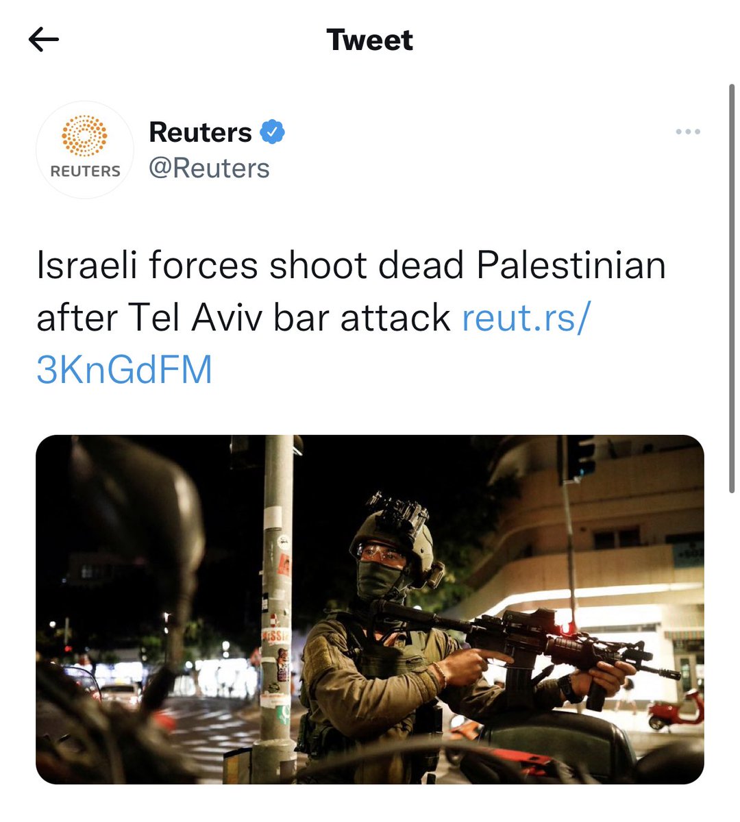 AvigailSpira's tweet photo. Shame on you @reuters. So many news outlets rely on your reports, you should be reliable and report facts, not bias.

Here’s the real headline: Terrorist kills 2 Israelis &amp; wounds 8 in a bar in Tel Aviv, taken down by security forces.

Retweet if you care about the truth. https://t.co/pVmEvHI0DK