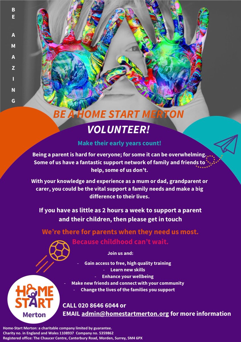 HomeStartMerton's tweet photo. Do you have some time to spare per week to help support our families? If so, please enquire about volunteering for us!! #becausechildhoodcantwait https://t.co/b5A70OizJN