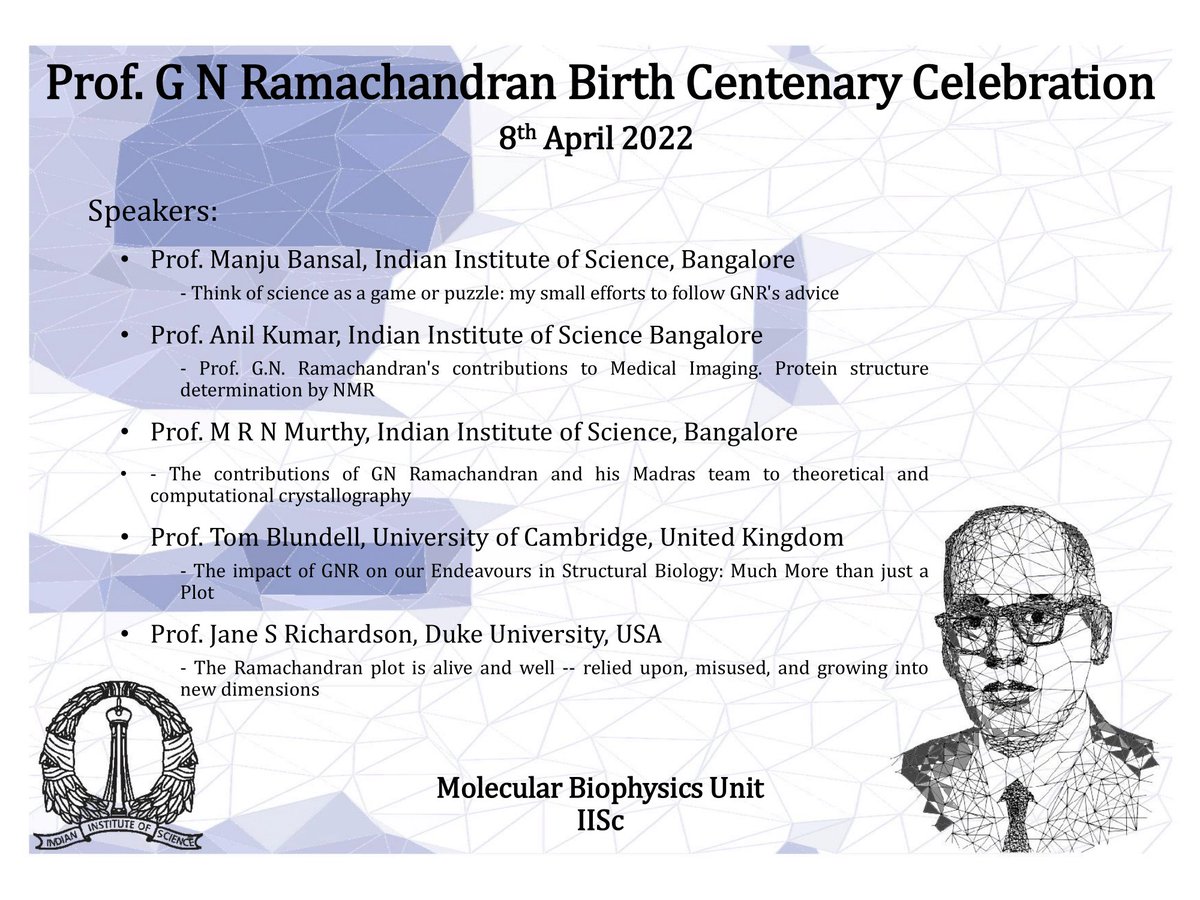 Prof. G N Ramachandran Birth Centenary Celebration <a href="/MBU_IISc/">Molecular Biophysics Unit, IISc</a> . Live from <a href="/iiscbangalore/">IISc Bangalore</a> . Join us on either Zoom or YouTube at 4 PM IST.
Zoom
Meeting ID : 236 708 2259
Pass code: gnr@100
YouTube youtube.com/watch?v=t4ZXeF…
