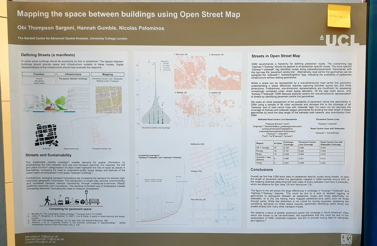 Bonnie_0000's tweet photo. The crowds have finally cleared enough to have a proper look at @obisargoni, @hannahgumble &amp; @npalomin 's fab poster comparing characterists of the streets across several cities using @openstreetmap 🗺️. A must-see @ #GISRUK2022 👀 https://t.co/veUkQyjsOz