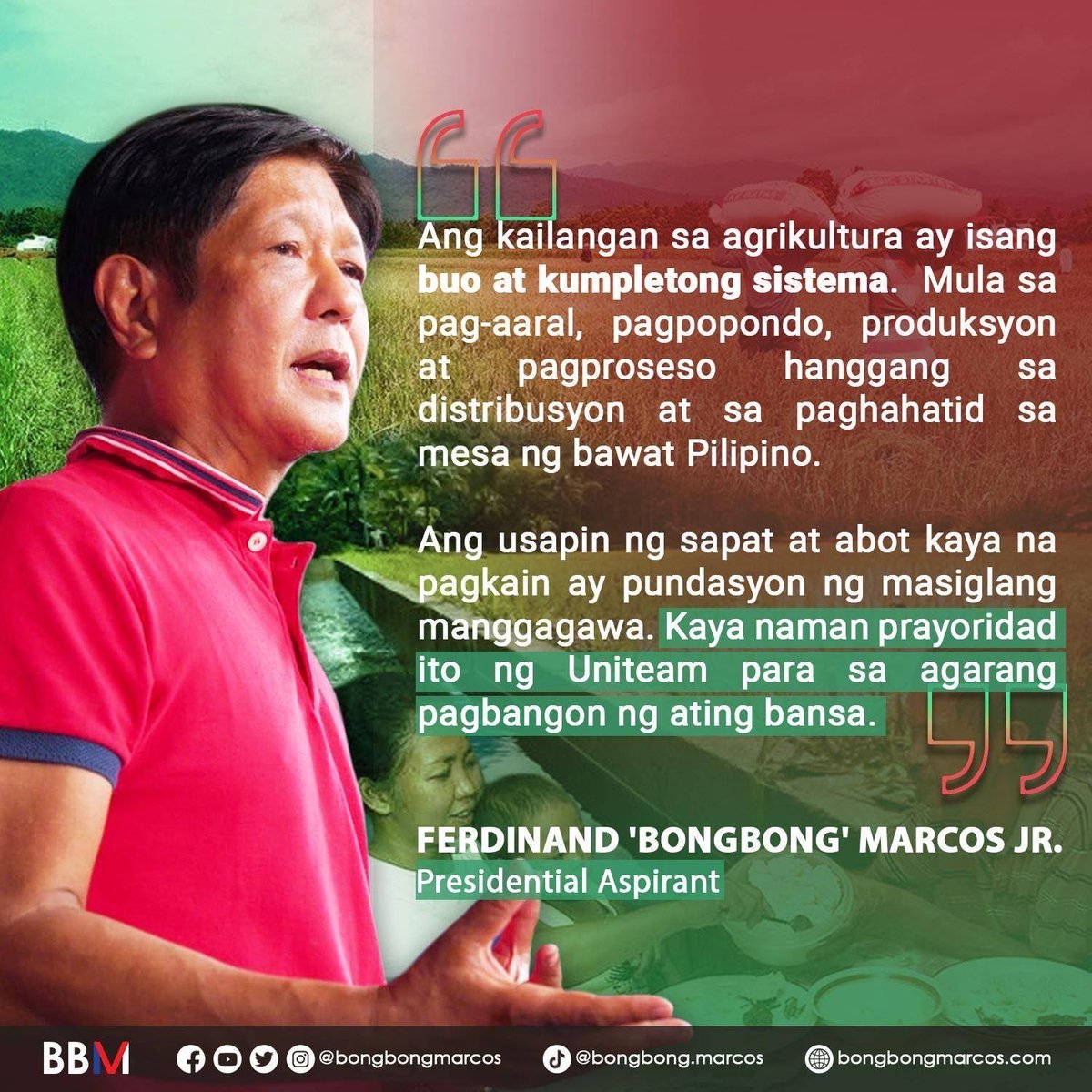 bongbongmarcos's tweet photo. Abot-kayang pagkain para sa lahat kapag nasiguro nating buo ang sistema ng agrikultura! https://t.co/wAMLAbEb4d