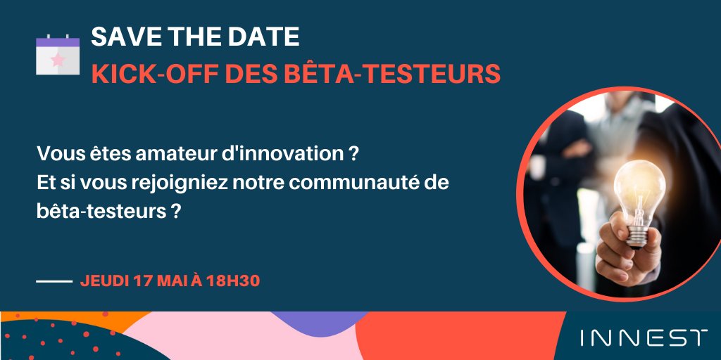 INNEST_'s tweet photo. Le kick-off des #betatesteurs arrive à grands pas🤩
L'occasion pour les amateurs d'#innovation de devenir bêta-testeur et de découvrir en avant-première les startups qui intégreront notre accélérateur accountech !
📆Le 17 mai à 18h30
Vous souhaitez nous rejoindre? #StayTuned😉 https://t.co/lEAVXR2LMQ