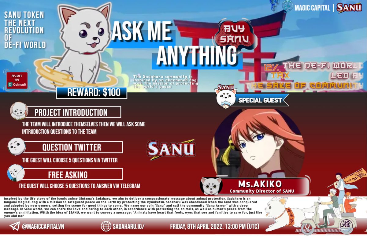 🔔SANU x MAGIC CAPITAL AMA🔔

Turn on your notif to meet us👏
🎤Special Guest: Ms. Akiko-Community Director 
⏰Time &amp; Date: 13:00 UTC 8th Apr, 2022
📍Venue: @MagiccapitalVN
🤑Prize pool: 100$🎁
   
🏃 Wipe off your schedule today and see you in our date!