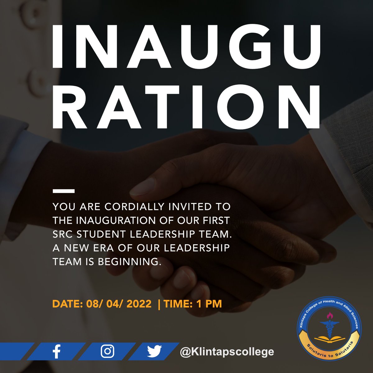 KlintapsCollege's tweet photo. The College's first SRC Leadership Team (Klintaps College SRC '22) will be inducted into office today on our campus. We wish them the best of luck. Make your students and school proud. 😃 

#KlintapsCollege #SRCInauguration #HomeOfHealthScience https://t.co/PyZNuPoPA4