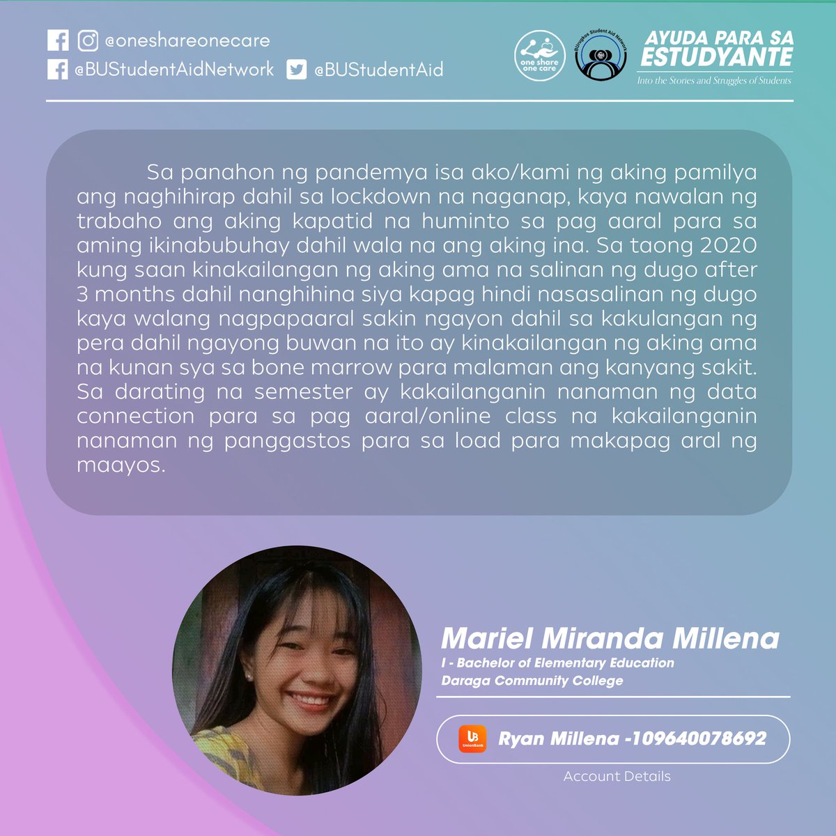 BUStudentAidNet's tweet photo. 2nd Segment | Read and share their stories! Help our fellow students in their pursuit to continue their education amid the pandemic!

Full Post: https://t.co/wN6lEjtqsI

#LigtasNaBalikEskwela
#NoStudentLeftBehind https://t.co/wj89lWbNSK