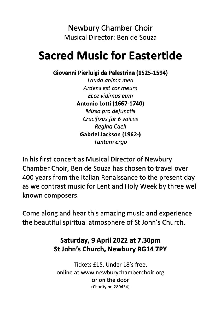 ben_deS_94's tweet photo. Looking forward to my first concert as Musical Director of Newbury Chamber Choir. A lovely programme of music for Eastertide in the stunning setting of St John's. https://t.co/e90aAcXTag