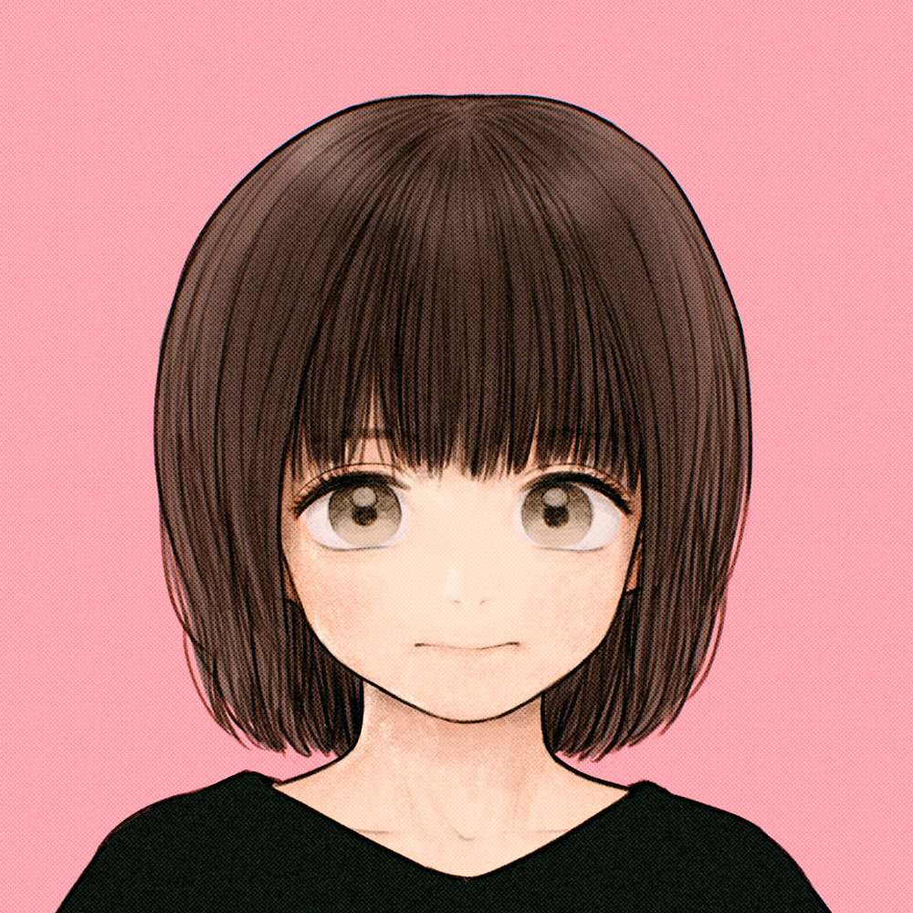 1girl solo pink background brown hair looking at viewer simple background shirt  illustration images