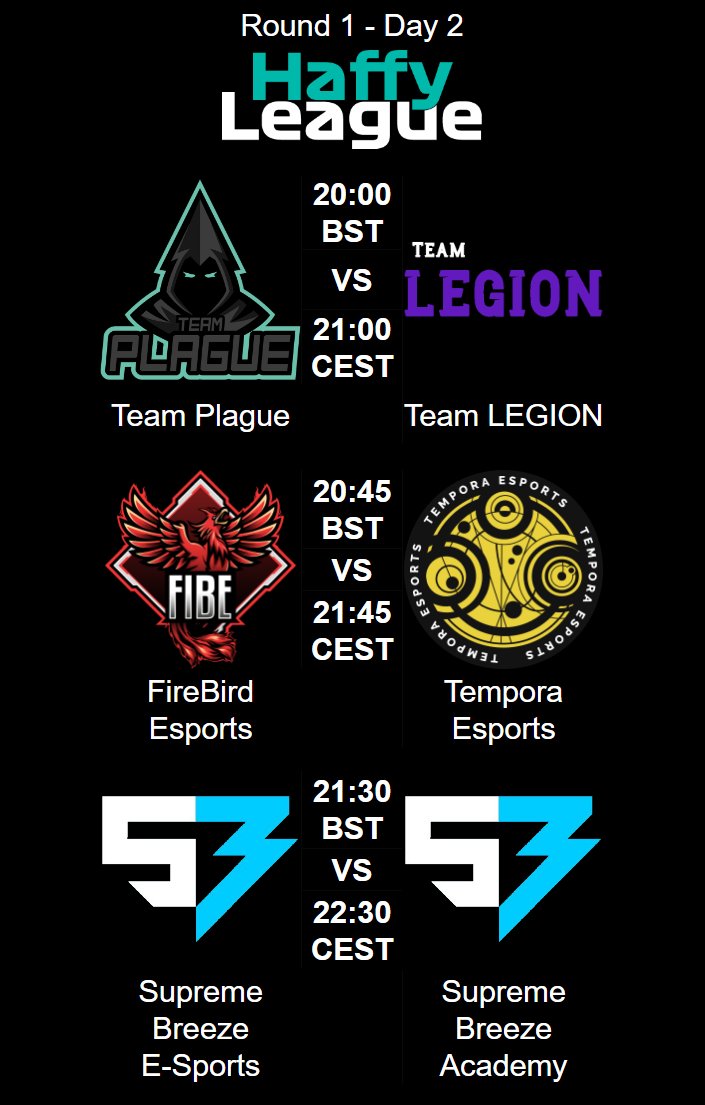 New day, new playday
<a href="/teamplague_eu/">Team Plague</a> vs @TeamLegionR6 
20:00 BST / 21:00 CEST

<a href="/FiBEhun/">Firebird Esports</a> vs <a href="/TemporaEsports/">Tempora Esports</a> 
20:45 BST / 21:45 CEST

<a href="/SBEhungary/">Supreme Breeze ESports🇭🇺</a> vs <a href="/SBEhungary/">Supreme Breeze ESports🇭🇺</a> Academy
21:30 BST / 22:30 CEST

Live on twitch.tv/Haffy_League