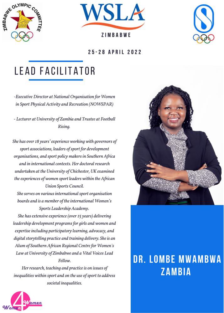 We are honoured to partner with the Zimbabwe Olympic Committee to deliver the Residential Week from 25 to 28 April in Harare under the patronage of University of Chichester. 

........and the LEAD FACILITATOR is none other than Dr Lombe Mwambwa. We are thrilled to have you