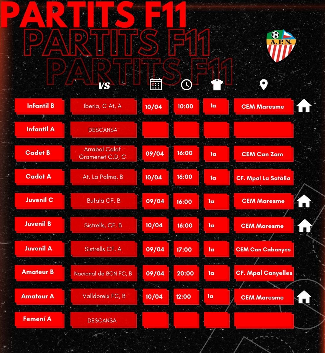 Últims partits abans de l'aturada de Setmana Santa! A lluitar-los i a descansar per tornar amb forces renovades! Som-hi Poblenou!
#femfutbolfembarri #futbol7 #futbol11 #futbolpoblenou #futsal #futbolfemeni #viscaelpoblenou #fcf #respect