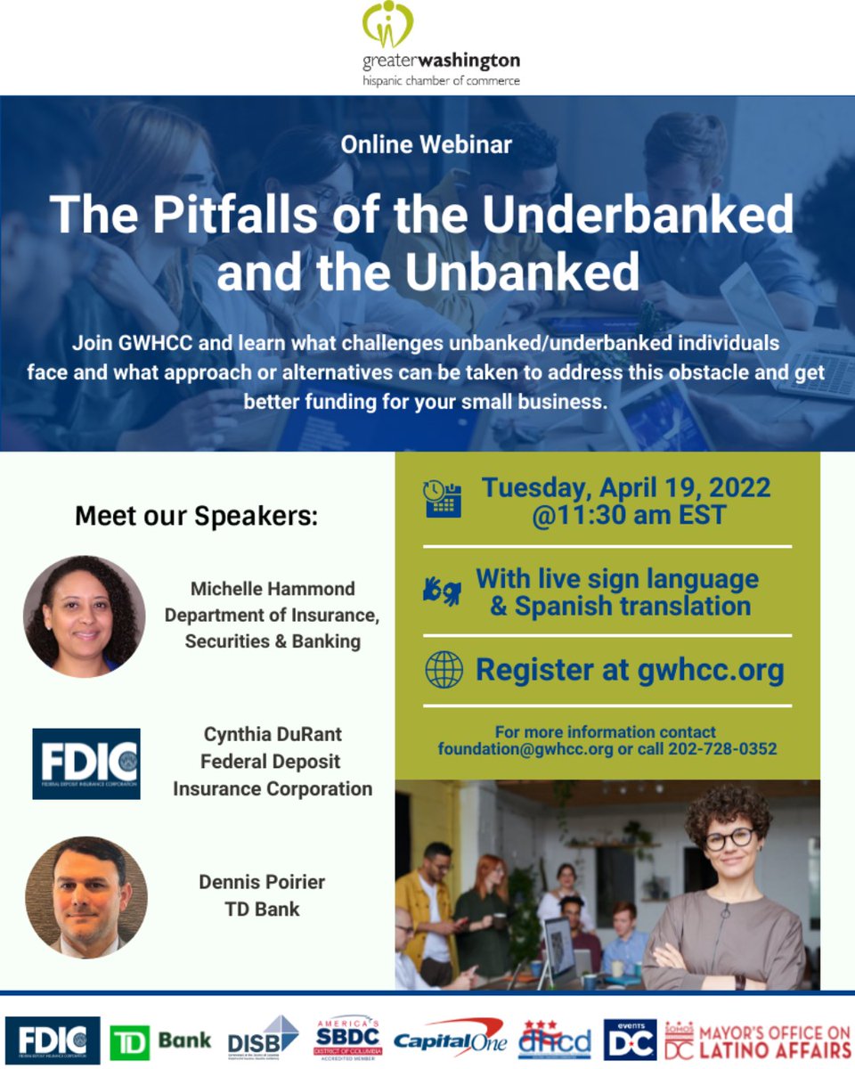 GWHCC's tweet photo. #joinGWHCC and learn what challenges unbanked/underbanked individuals face and what approach can be taken to address this obstacle and get better funding for your #smallbusiness.

Tuesday, April 19, 2022 - 11:30 am EST

Register: https://t.co/pAErCEQFyq https://t.co/XgSpzM6C4Y