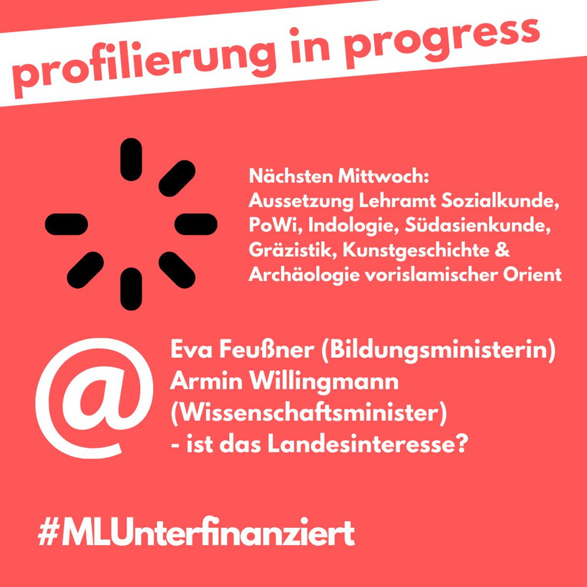 MLUnterfinanz's tweet photo. 🛑Profilierung in progress🛑
Heißt konkret: nächste Woche Mittwoch schafft @UniHalle etliche kleine Fächer, PoWi BA/MA und das Lehramt Sozialkunde für mind. ein Jahr ab. Währenddessen lässt Regierung weiterhin alles zu, applaudieren einzelnen MdL bereits. #MLUnterfinanziert 
!B https://t.co/DTXF4A6C1n