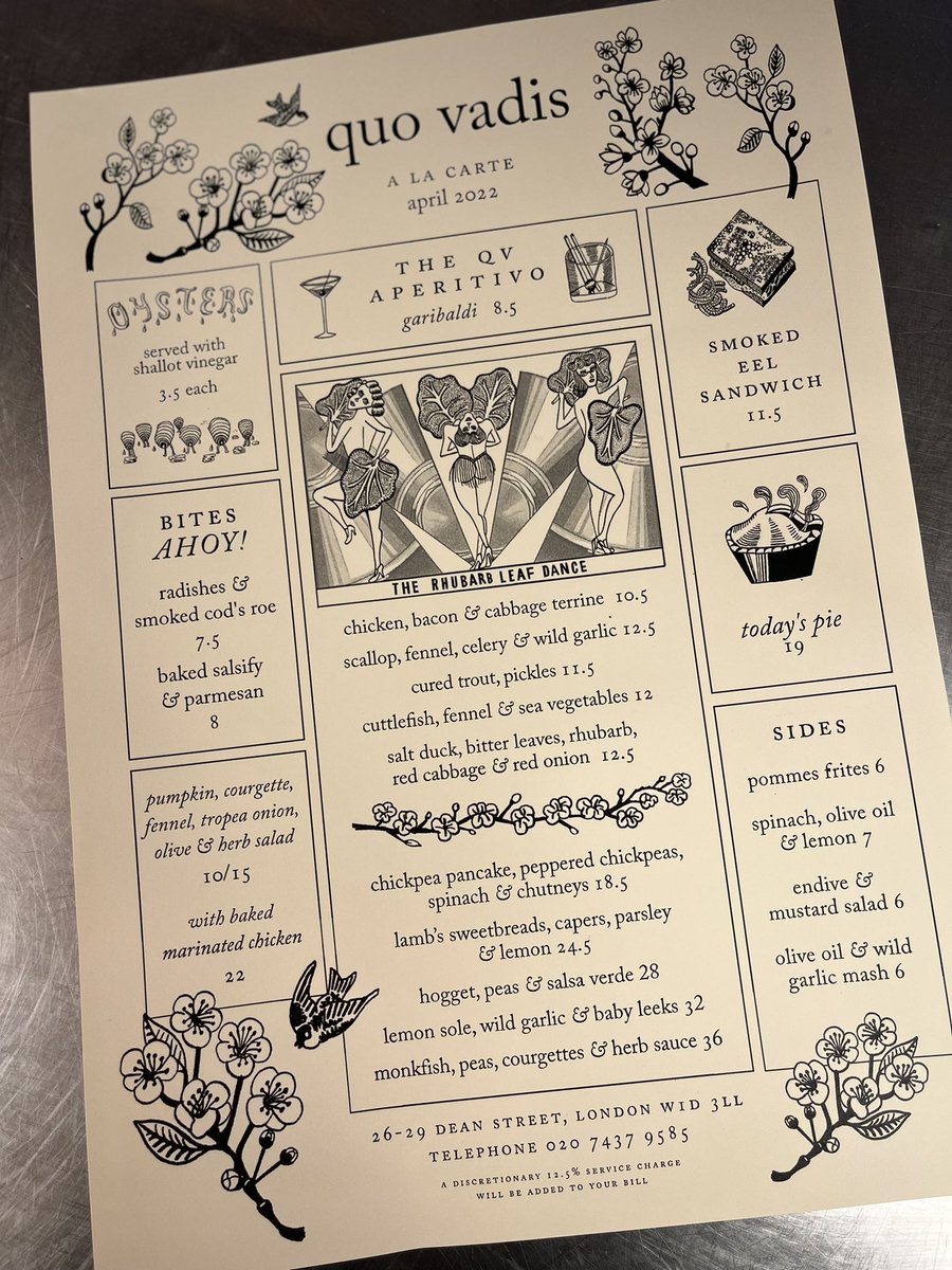 The April menu for <a href="/QuoVadisSoho/">Quo Vadis</a> heralding spring which lies just over the horizon xx with love and thanks to <a href="/irvingandco/">Julian Roberts</a> &amp; <a href="/JohnBroadley1/">John Broadley</a> xxx wonderful doings xxx