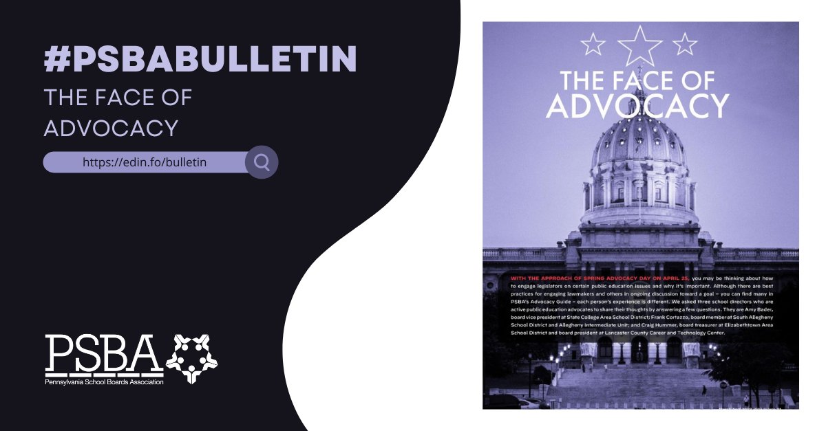 PSBA's tweet photo. Hear from three fellow school directors, all active public education advocates, as they share their thoughts on engaging lawmakers and what goes into effective advocacy work. Read the interviews in the March/April issue of #PSBABulletin: https://t.co/Iz9kMu5hEA https://t.co/e50JVnSD14