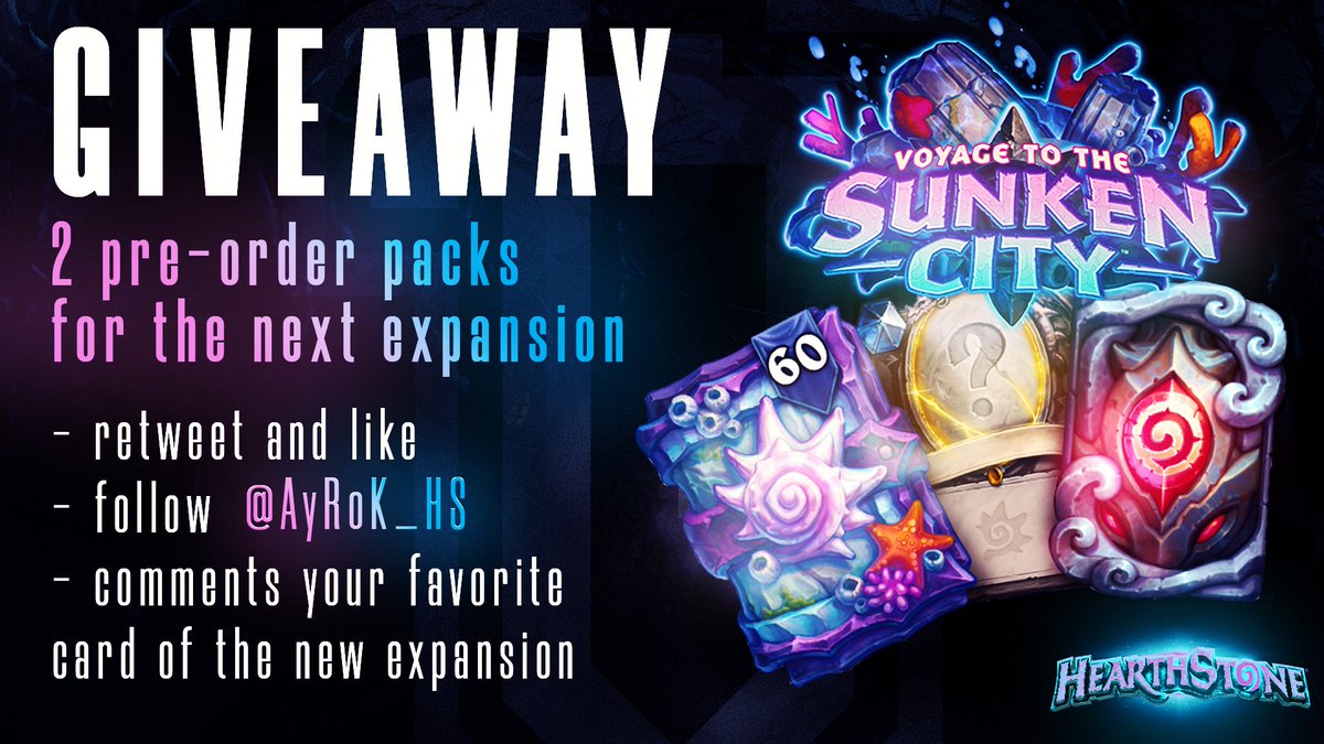 Giveway Time ! 🔥Blizzard (<a href="/hearthstone_fr/">Hearthstone France</a> ) gave me 2 Pre-purchase Bundles including : 
🎁60 Expansion Packs
🟠 2 Legendary Cards
🃏New Expansion Card Back

To participate RT, Like this post, follow <a href="/AyRoK_HS/">Romaric Dubois</a> 
And comment your favorite card of Sunken City ! 
GL HF everyone 😁