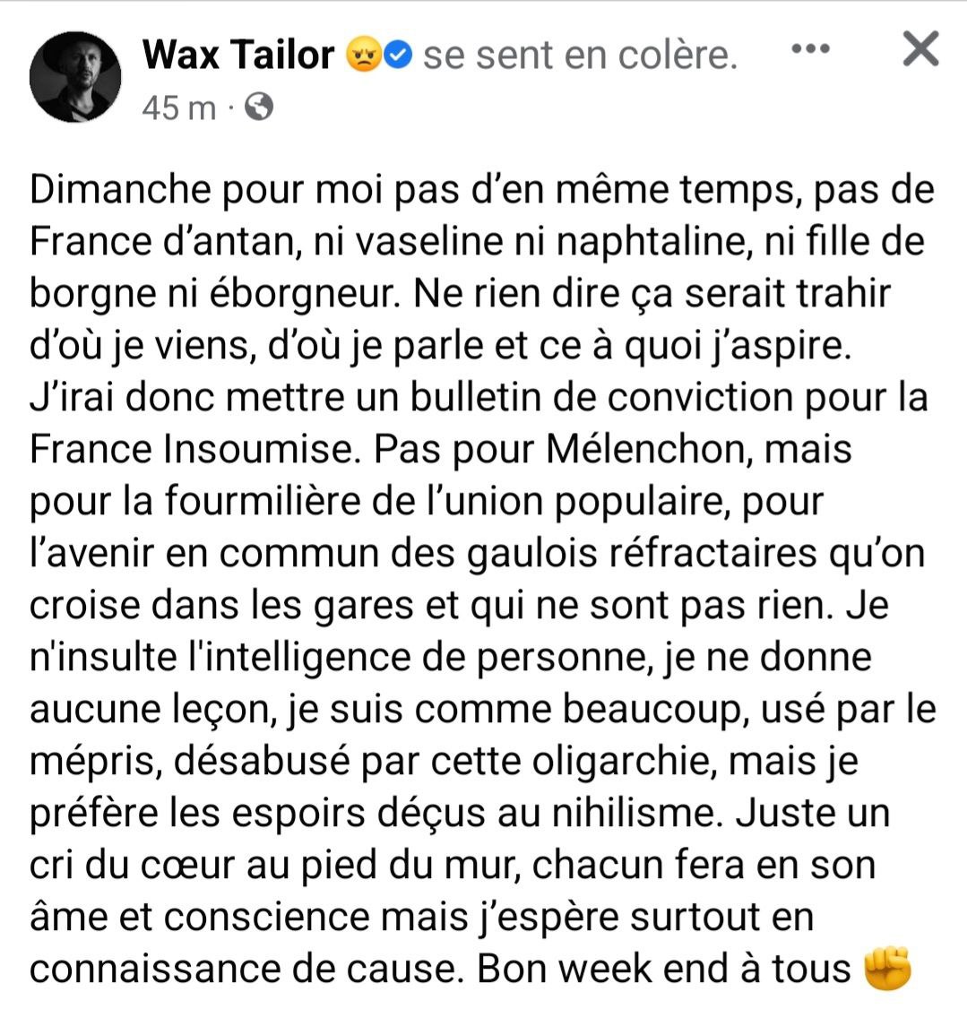 JLMelenchon's tweet photo. Merci à @waxtailor pour son soutien de conviction pour l'Avenir en commun ! RDV ce dimanche 10 avril ! https://t.co/B4YkCgoWhO