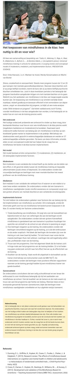 elinesnel's tweet photo. Mooi artikel #VMBNnieuwsbrief over hoe we mindfulness het beste kunnen inzetten in de klas. Uit onderzoek blijkt dat een vast programma en de kwaliteit van een goede gecertificeerde trainer essentieel zijn. 

26 en 26 juni specialisatie tot jongerentrainer https://t.co/TcXD9HDSCA https://t.co/3CwHG4zwyk