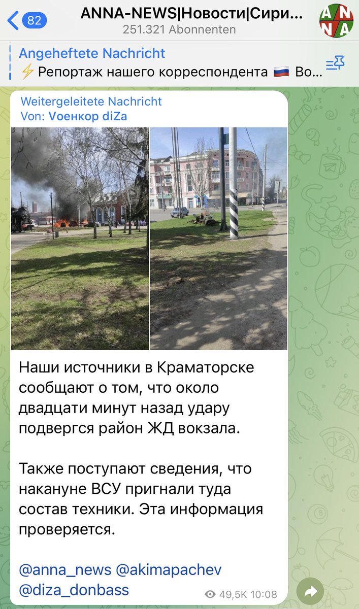 Serg19992's tweet photo. @ntvru Связанные с Кремлем СМИ первыми с гордостью сообщили о ударе  по #Kramatorsk , заявив, что их ракета попала в эшелон с боеприпасами.

 После появления жертв среди мирного населения среди них 4 ДЕТЕЙ они начали обвинять Украину.

 Та же история, что и с #MH17 в 2014 году. https://t.co/CWYOw3wI2T
