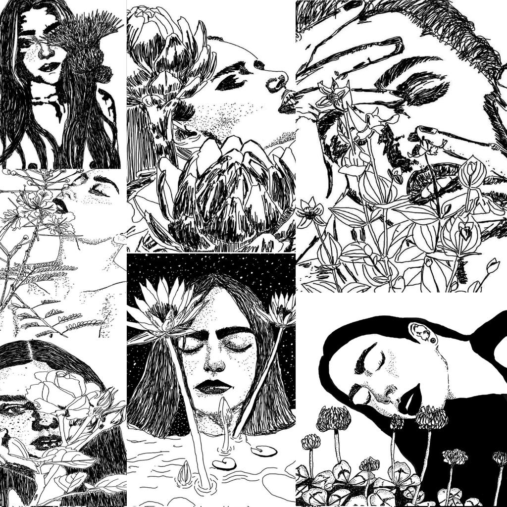 Black and white line drawing style presented in the Girl and Her Flower collection available now.  opensea.io/collection/unt…