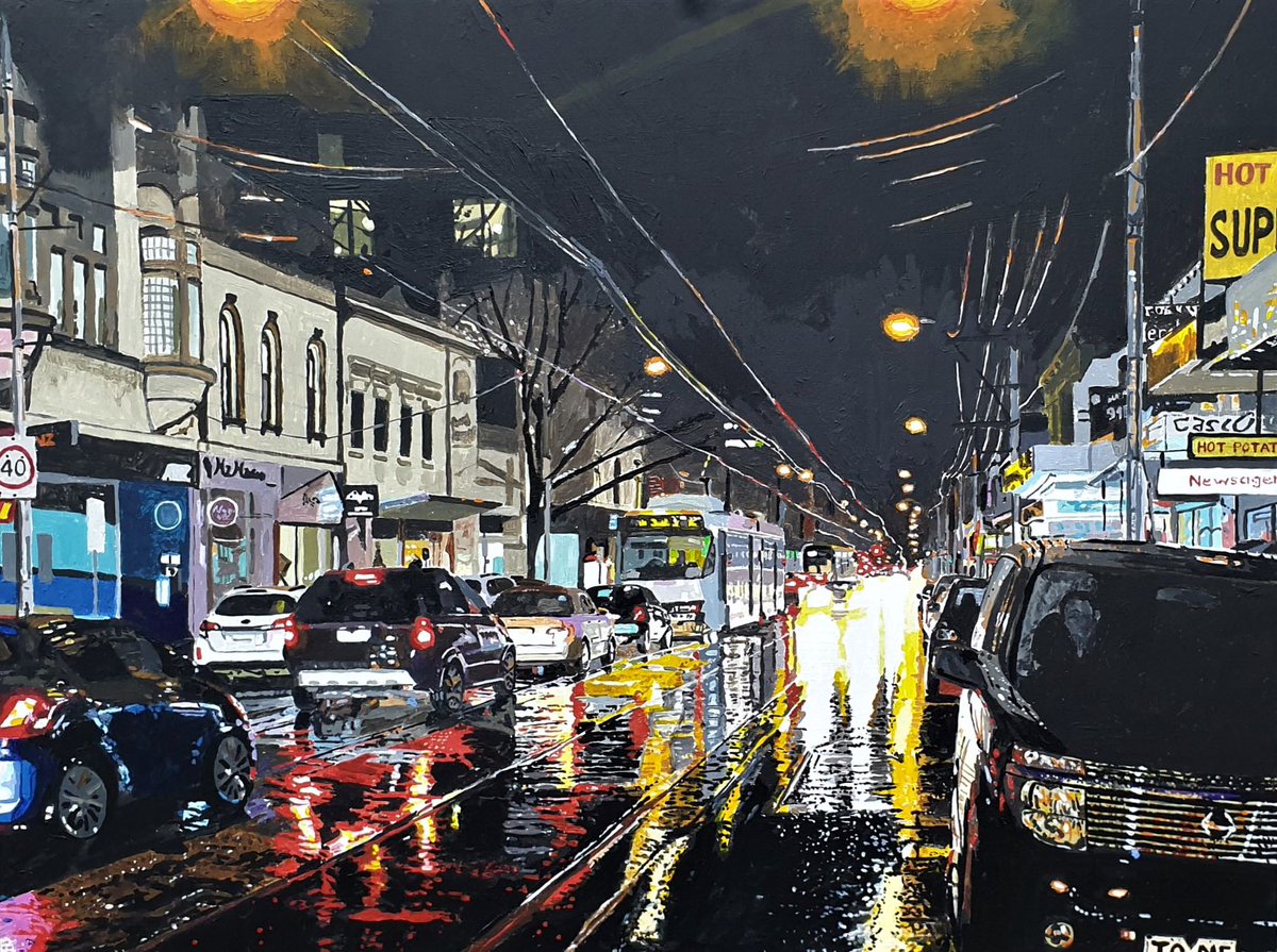 TonySowersby's tweet photo. 'Smith Street after Rain',
30 x 40 cms.
A small #acrylicpainting on board I finished today.
The border between #collingwood and #fitzroy in #Melbourne #Naarm
#rain #reflections #tram #wetnight https://t.co/1ZGRVE7yaA